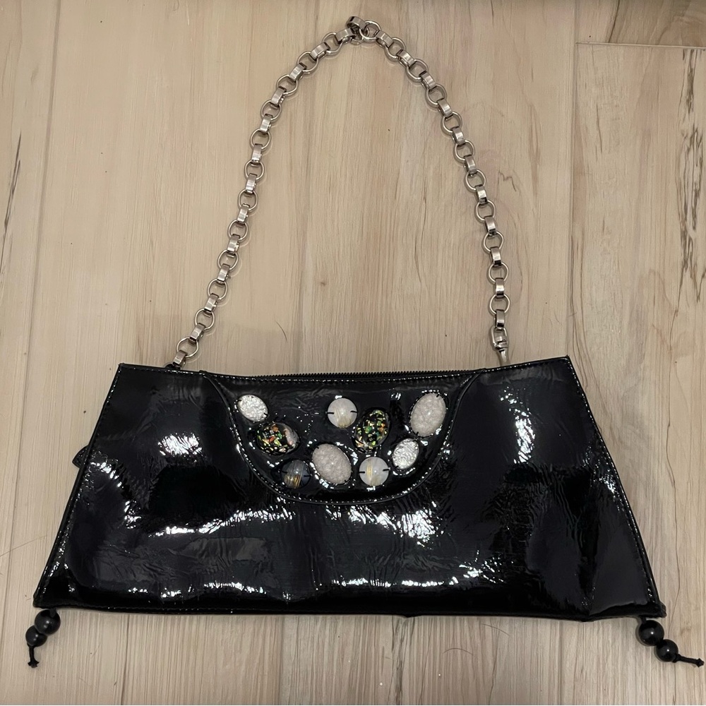 Simon Chang Black Patent Shoulder Bag with Chain Strap